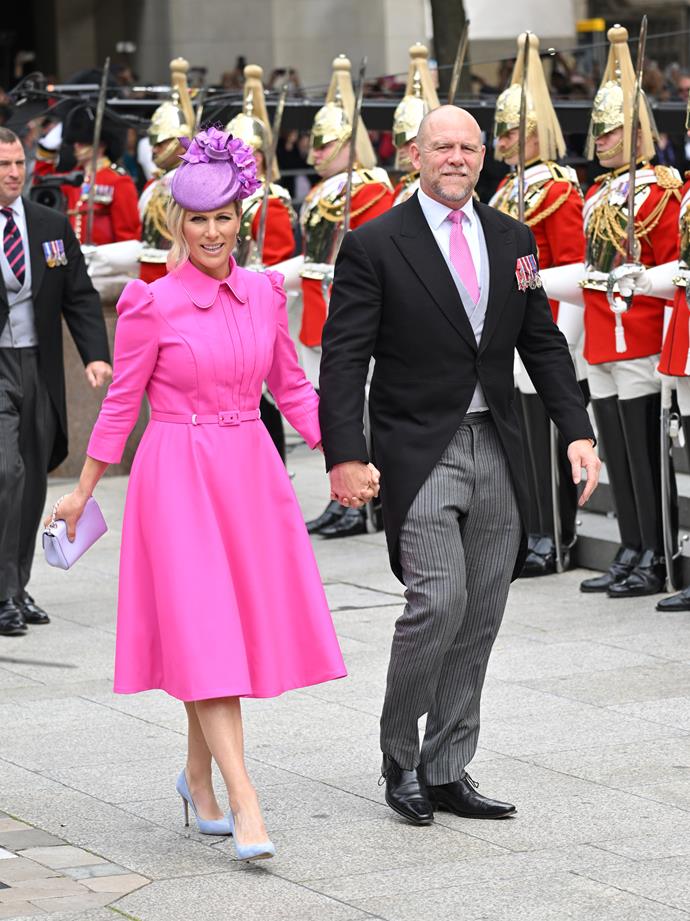 Pretty in pink: Zara and Mike Tindall colour coordinated for the special service.