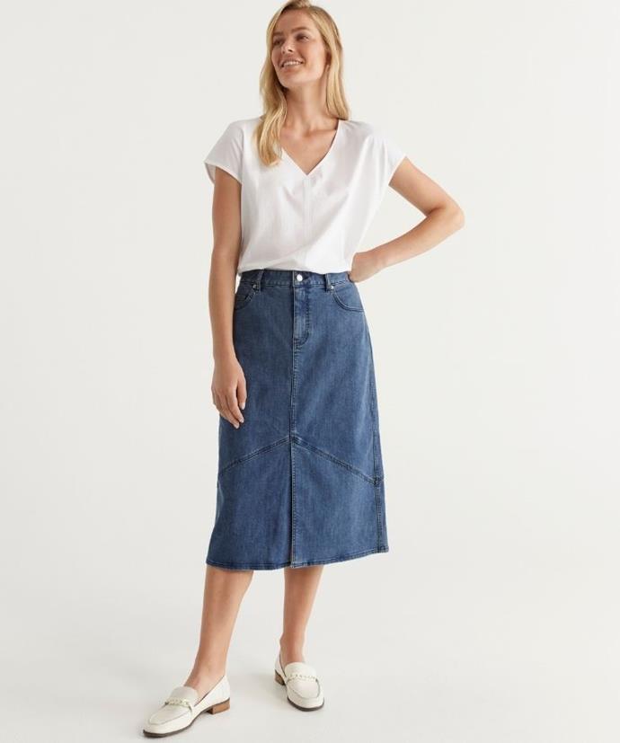 The classic denim skirt's been given the winter update with a midi version that's incredibly flattering.