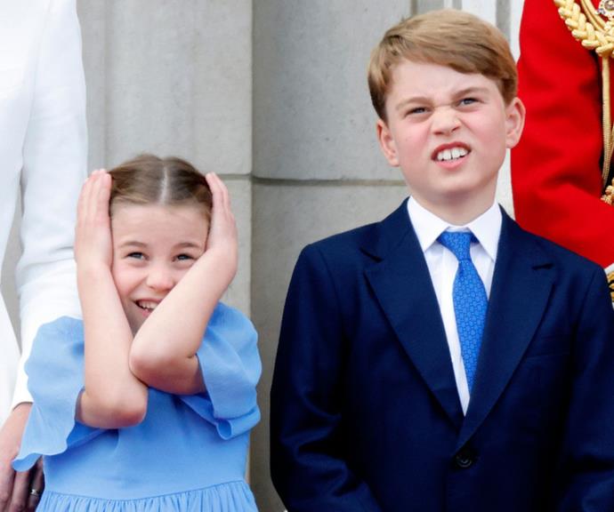 Prince George and Prince Charlotte watch the flypast during Trooping the Colour.