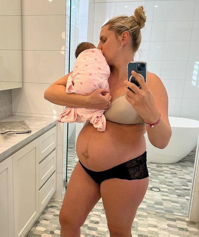 **Tiffiny Hall**
<br><br>
[The former *Biggest Loser* trainer](https://www.nowtolove.com.au/parenting/pregnancy-birth/tiffiny-hall-postpartum-body-73538|target="_blank") got refreshingly candid on her postpartum body and the pressures mums face shortly after welcoming her second child, a daughter named Vada, with husband Ed Kavalee.
<br><br>
Tiff broke down in tears as she revealed the toll her emotions have taken on her since Vada's May 30 birth. "Even I am standing in the mirror looking at my new body, Vada's house, my big bump. And it's really hard to accept that it's going to take time," she said through tears in an Instagram video.
<br><br>
Tiff, who shared this postpartum body photo shortly after Vada's birth, said her and Ed's four-year-old son Arnold kept questioning "why her tummy is so big." 
<br><br>
"Bless him. He has no filter. He keeps saying: 'Is there another baby in there mum?' No. I'm trying to explain to him that it takes a long time for bodies to go back to normal and that it's hard. It's hard to accept it but you have to take one day at a time and you have to be kind to yourself. You can't let those negative thoughts enter the brain because everything the mind says the body hears."