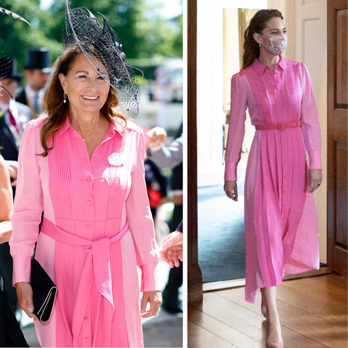 We thought Carole Middleton's 2022 Ascot dress looked familiar! Her daughter Catherine, Duchess of Cambridge wore the same [pink midi dress from London label ME+EM](https://www.nowtolove.com.au/royals/british-royal-family/kate-middleton-pink-dress-67869|target="_blank") in 2021 during an engagement in Scotland.