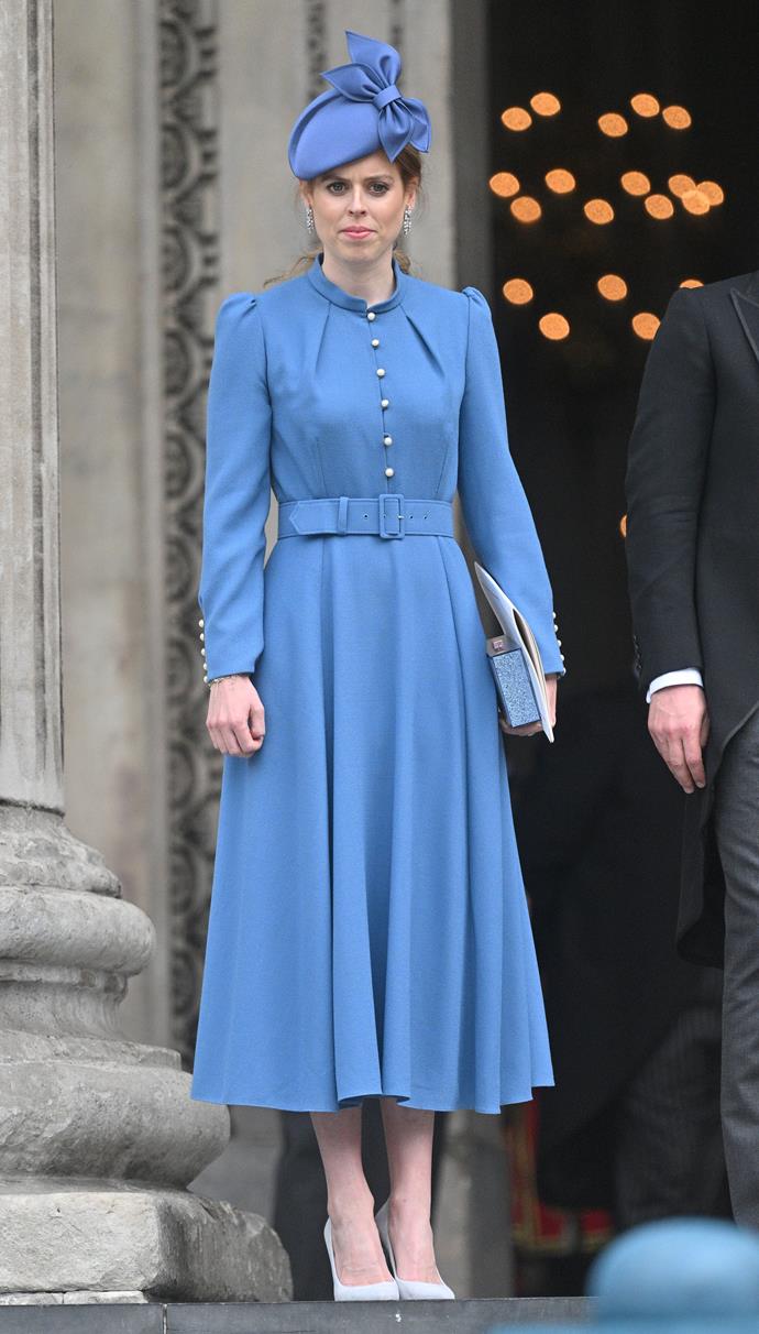 Princess Beatrice wore this to the Service of Thanksgiving at St Paul's Cathedral, and her sweet bag, which honours her 'wifey' status, is by her side.