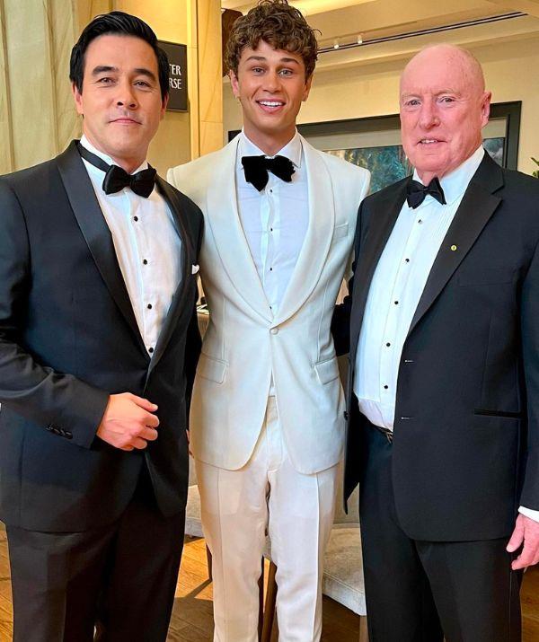 Gold Logie nominee Ray Meagher, along with his co-stars James Stewart and Matt Evans suited up in their black and white tuxedos.