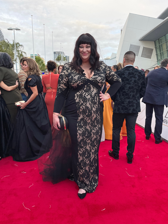 Katrina Milosevic looked elegant in a black lace number.