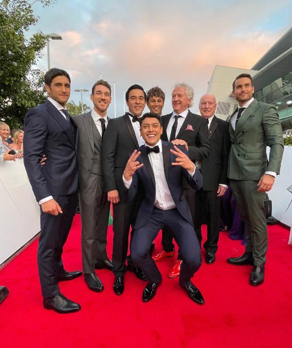 *Home and Away* boys, Ethan Browne, Luke Van Os, James Stewart, Kawakawa Fox-Reo, Matt Evans, Shane Withington, Ray Meagher and Nicholas Cartwright, looked as dapper as ever in their different coloured suits on the red carpet.