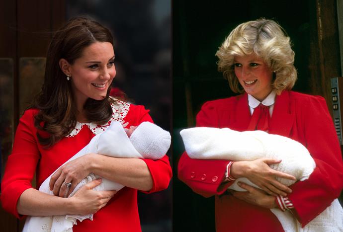 Then when Prince Louis was born, Catherine's all red outfit was very reminiscent of Diana's that she wore to present baby Prince Harry to the world.