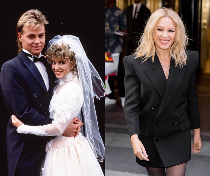**Kylie Minogue**
<br><br>
Many would argue pop princess [Kylie Minogue](https://www.nowtolove.com.au/beauty/ageing/kylie-minogue-plastic-surgery-54986|target="_blank") is the reigning face of the retro days of *Neighbours*. Playing Charlene Robinson, Kylie won hearts with her on-screen romance with Scott Robinson, played by Jason Donovan. 
<br><br>
Since waving goodbye to Ramsay Street in 1988, Kylie's singing career has skyrocketed, earning her a Grammy Award, three Brit Awards, and 17 ARIA Music Awards, just to name a few. Her hits *Can't Get You Out Of Me Head, Spinning Around, I Should Be So Lucky* and *The Loco-Motion* have become iconic classics.