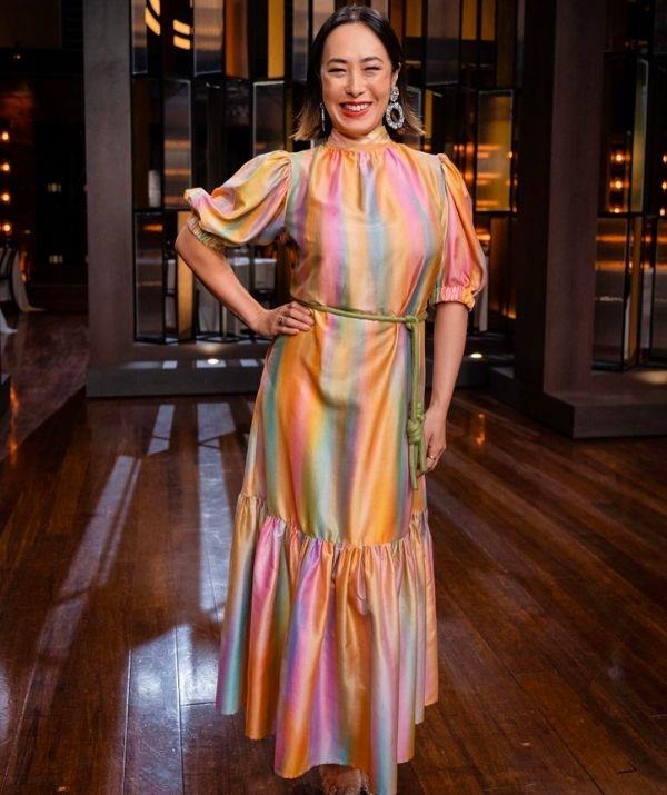 This multicoloured, iridescent floor length gown from Alémais certainly stole the show during the cooking competition. Paired with a bold lip colour and radiant smile, it's one of our favourites.