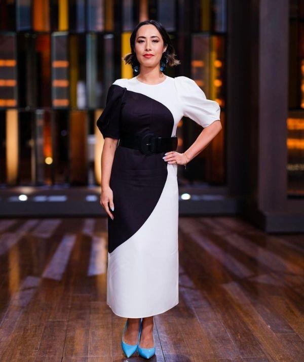 This black-and-white mid-length Ted Baker dress was a stand-out during the 2022 season of *MasterChef*. Paired with baby blue Steve Madden pumps and Mimco earrings, we simply love it!