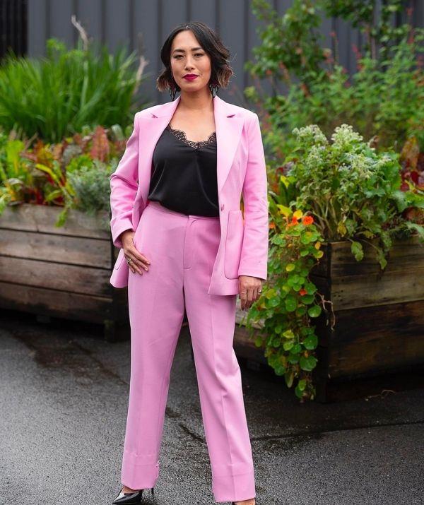 A power suit is always a crowd favourite! This matching pink set from Ted Baker turned many heads and it's not hard to see why. Coupled with Foxx and Ginger earrings, Zara shoes, and a black blouse, Melissa looks radiant.