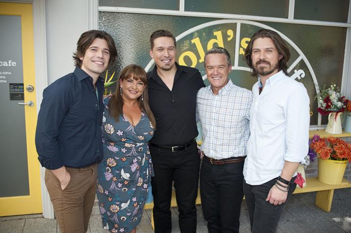 **Hanson**
<br><br>
The iconic '90s band Hanson paid a visit to Ramsay Street in 2019. The band of brothers, Isaac, Taylor and Zac, were one of the acts booked for the Erinsborough Music Festival, and treated *Neighbours* regulars to a performance at Harold's cafe set.
