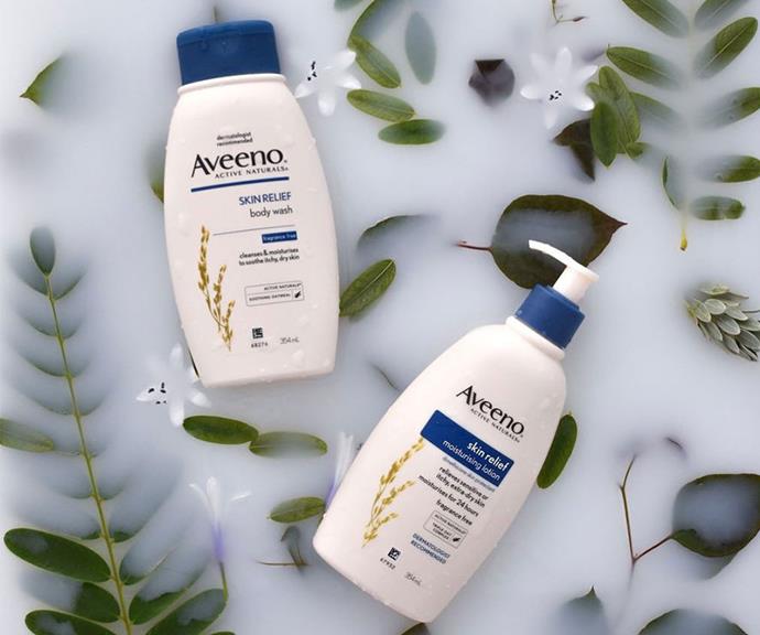 Use products that promote and protect the skin's moisture levels, like Aveeno Skin Relief Lotion & Wash. *(Image: Supplied)*