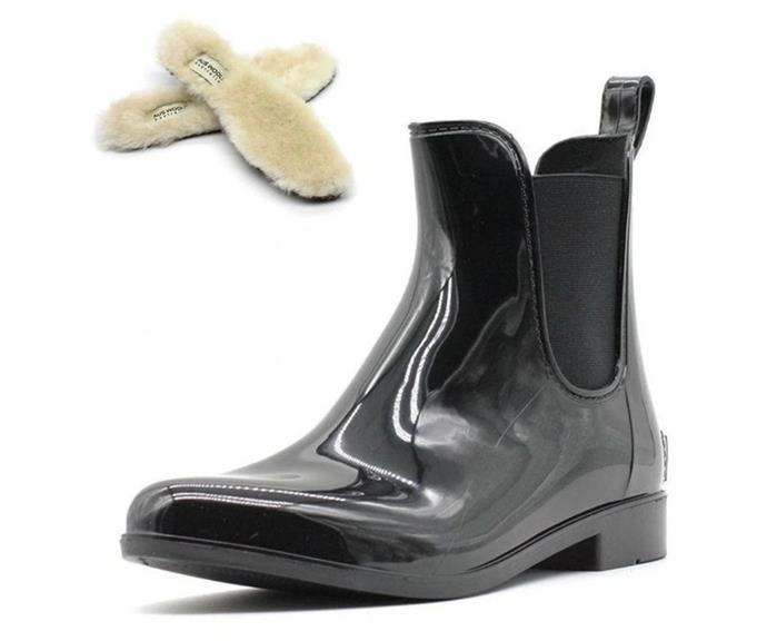 **Aus Wooli Ugg rainboots with sheepskin insole, $49.50 at [Myer](https://www.myer.com.au/p/aus-woli-ugg-womens-rainbots-with-fre-shepskin-insole-black|target="_blank"|rel="nofollow")**
<br><br>
Affordable yet stylish. In a timeless Chelsea boot silhouette with a luxurious sheepskin insole, these shoes will keep your feet dry and warm as you prance around the city. 
<br><br>
**[SHOP NOW](https://www.myer.com.au/p/aus-woli-ugg-womens-rainbots-with-fre-shepskin-insole-black|target="_blank"|rel="nofollow")**