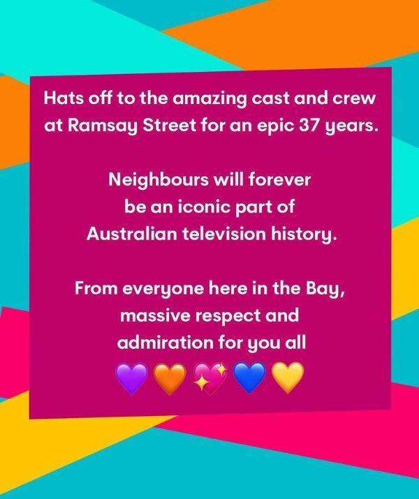 When good enemies become good friends.
<br><br>
Putting their friendly rivalry aside, competing soap opera *Home and Away* sent a message to the *Neighbours* team to mark the end of an era.
<br><br>
"Hats off to the amazing cast and crew at Ramsay Street for an epic 37 years," the post read.
<br><br>
"Neighbours will forever be an iconic part of Australian television history. From everyone here in the Bay, massive respect and admiration for you all."