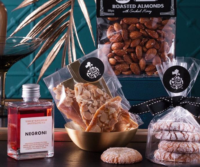 **Negroni hamper, $85 at [Hardtofind](https://www.hardtofind.com.au/221457_the-negroni-hamper|target="_blank"|rel="nofollow")**<br><br>
For the Negroni lover, this hamper includes a bottle of Negroni by The Everleigh Bottling Co. along with complementary snacks and nibbles such as peanut brittle, honey smoked almonds and more.<br><br>
**[SHOP NOW](https://www.hardtofind.com.au/221457_the-negroni-hamper|target="_blank"|rel="nofollow")**