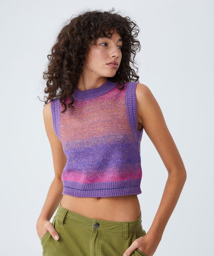 **Ombre crew neck vest, $34.99 at [Cotton On](https://cottonon.com/AU/ombre-crew-neck-vest/2054979-02.html|target="_blank"|rel="nofollow")** <br><br>
Add a pop of colour to your winter wardrobe with this ombre crew neck vest by Cotton On. Wear on its own or over a white collared blouse for a tailored look. 
<br><br>
**[SHOP NOW](https://cottonon.com/AU/ombre-crew-neck-vest/2054979-02.html|target="_blank"|rel="nofollow")**
