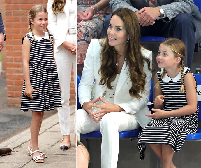 The young royal put her best foot forward in a striped Rachel Riley dress and white sandals that retail for $80.
