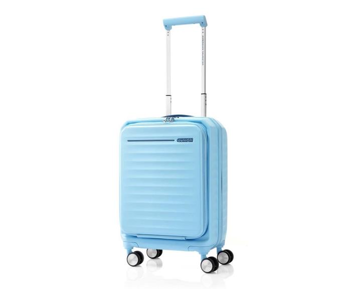 **FRONTEC small (54cm) suitcase, $249 (usually $419) at [American Tourister](https://go.linkby.com/QBUNNDAD/frontec/spinner-54-19-exp-tsa/at-134992-4155.html|target="_blank"|rel="nofollow")** <br><br>
Available in sky blue or a classic black, the FRONTEC suitcase by American Tourister will give fellow passengers carry-on luggage envy. It features handy internal organisers, a laptop compartment, Optimov shock absorbing wheels and a front opening. If you're looking to invest in a quality carry-on suitcase, this one is well worth considering. <br><br>
**[SHOP NOW](https://go.linkby.com/QBUNNDAD/frontec/spinner-54-19-exp-tsa/at-134992-4155.html|target="_blank"|rel="nofollow")**