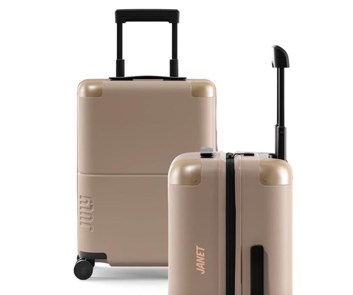 **Personalised carry on suitcase in sand, from $325 at [JULY](https://july.com/au/luggage/carry-on/|target="_blank"|rel="nofollow")** <br><br>
It's not a carry-on suitcase round up without the iconic personalised suitcase by JULY. With a cleverly designed ejectable battery, you can charge your phone while you're waiting to board. And yes, the battery included is approved for every flight in the world. <br><br>
**[SHOP NOW](https://july.com/au/luggage/carry-on/|target="_blank"|rel="nofollow")**