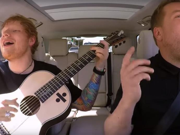 Ed Sheeran with Late Late show host James Corden. 