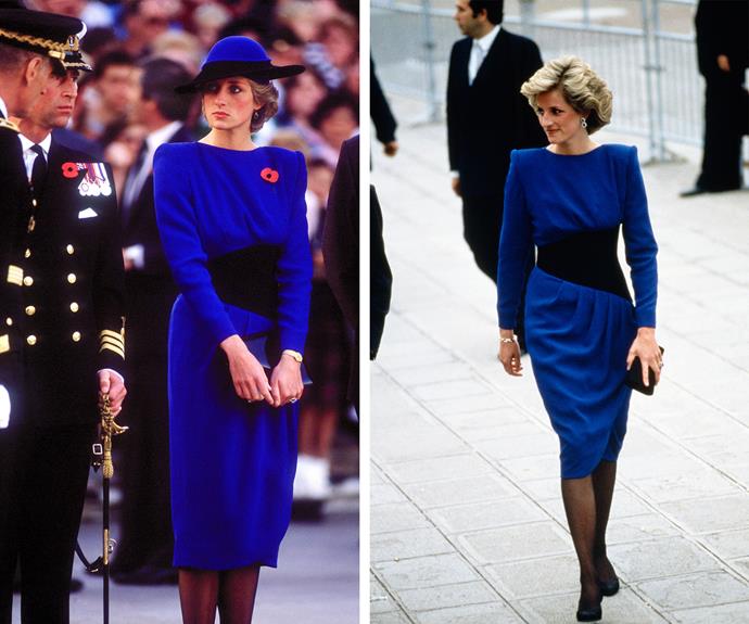 The designer was an early favourite of Diana's. Here, while visiting Venice in 1985 (right), she was seen wearing an electric blue dress that she later re-wore for a visit to the Arlington cemetery (left) a few months later.