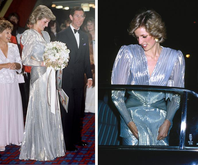 At a film premiere in November of 1985, Diana positively stole the show in this shimmering gown from Bruce Oldfield.