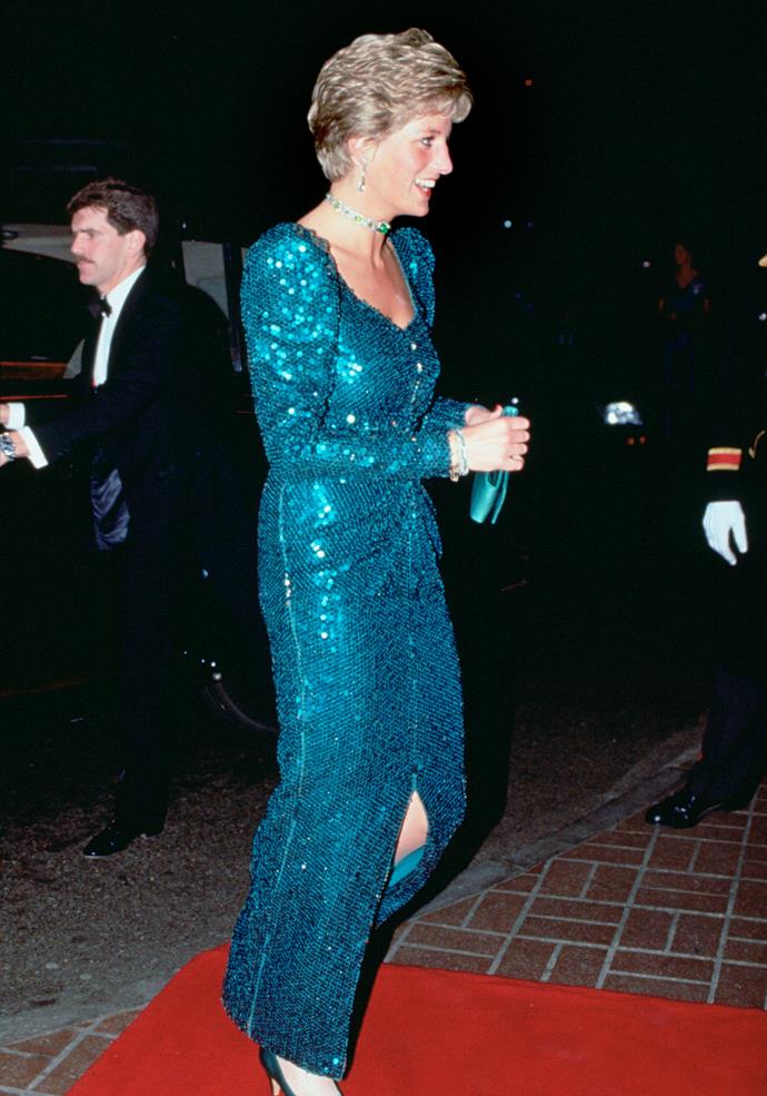 Diana shimmered and sparkled in this Catherine Walker gown at The Diamond Ball in 1990, held at the Royal Lancaster Hotel.