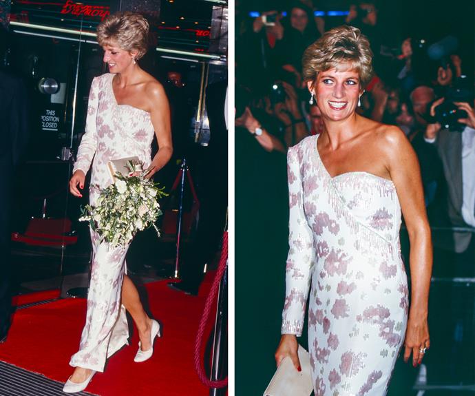 At a premiere in London's West End on September 19, 1991, Diana embraced a floral pattern with her form-fitting Catherine Walker dress.