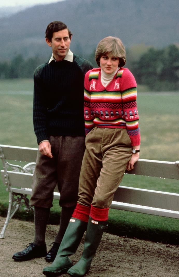 In this snap taken before the couple's wedding, Diana wore a more casual ensemble featuring a brightly patterned long-sleeved jumper and boots.