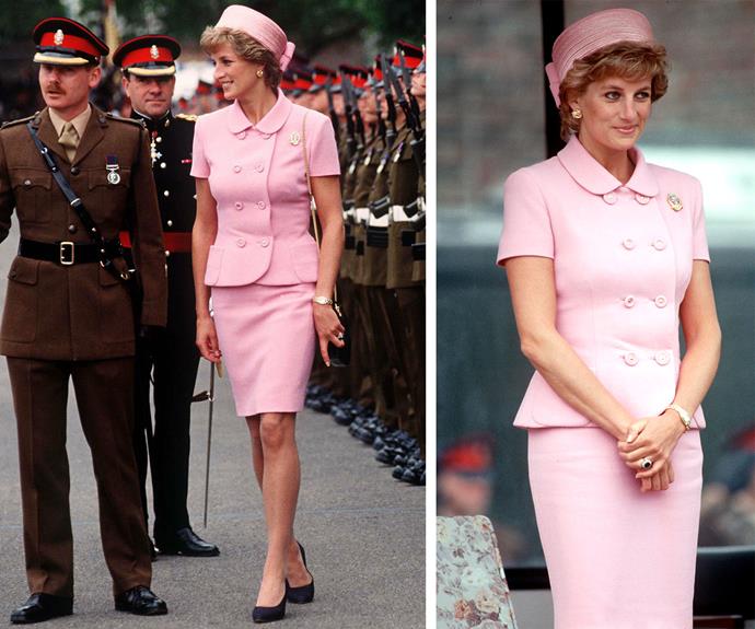 In 1995, the royal wore pink Versace while visiting a regiment.