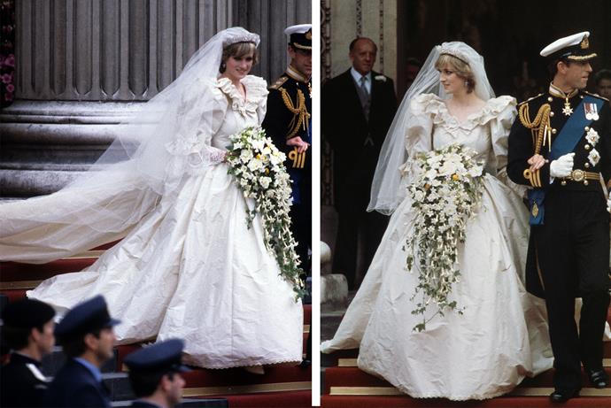 For her wedding to Prince Charles in 1981, Diana wore an ivory silk taffeta and and antique lace gown designed by David and Elizabeth Emanuel, who described it as something that had to "go down in history", but also be "something that Diana loved". It featured a 7.62m train and was decorated with 10,000 pearls.