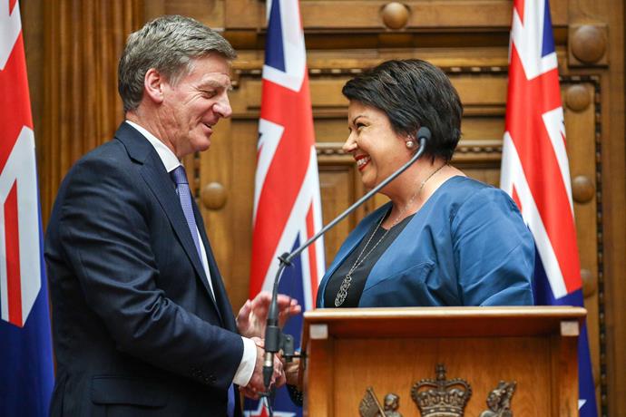 Prime Minister Bill English shakes hands with his deputy, Paula Bennett.