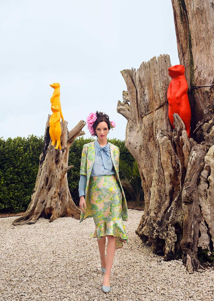 Try clashing colours - you'll end up with a modern look that is a little less tea-party.                                                      
*Jacket, $699, and skirt, $499, by Trelise Cooper. Shirt, $399, by Ingrid Starnes. Earrings, $219, by Dyrberg/Kern. Heels, $329, by Chaos & Harmony.*