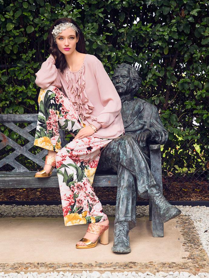 Bright, tropical florals lend themselves to a more casual resort look.                                                  
*Top, $290, by Verge. Pants, $189, by Curate. Headpiece, $300, by Natalie Chan. Bracelet, $379, by Dyrberg/Kern. Heels, $349, by Kathryn Wilson.*