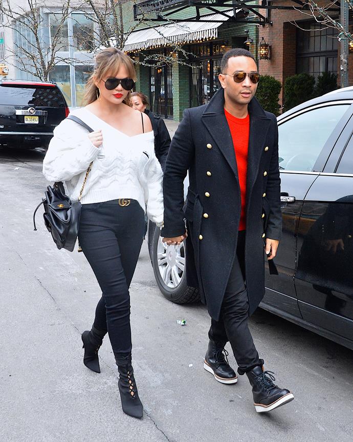 It's not all about glam nights out, Chrissy also rocks this knit and jeans combo during an outing with hubby John Legend.
