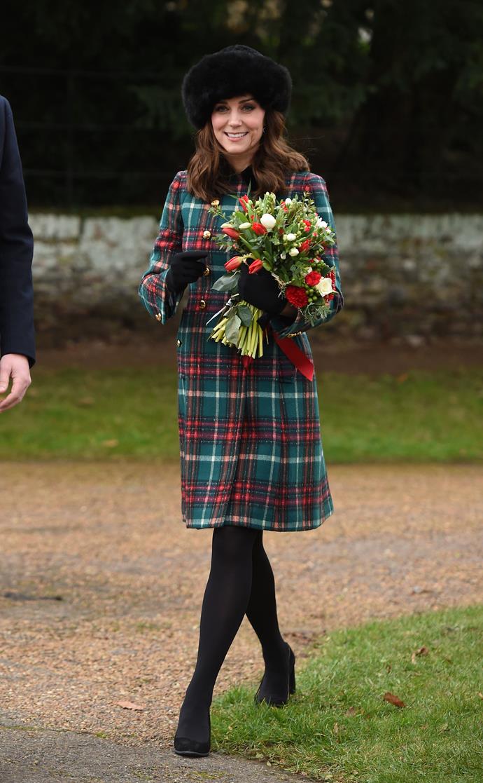 She wore this tartan ensemble for a Christmas Day morning church service at St Mary Magdalene Church in Sandringham, Norfolk.