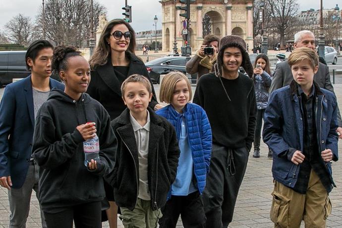 They're so grown up! Angelina Jolie with her children Shiloh Pitt Jolie, Maddox Pitt Jolie, Vivienne Marcheline Pitt Jolie, Pax Thien Pitt Jolie, Zahara Marley Pitt Jolie, Knox Leon Pitt Jolie, visit the Louvre in Paris,