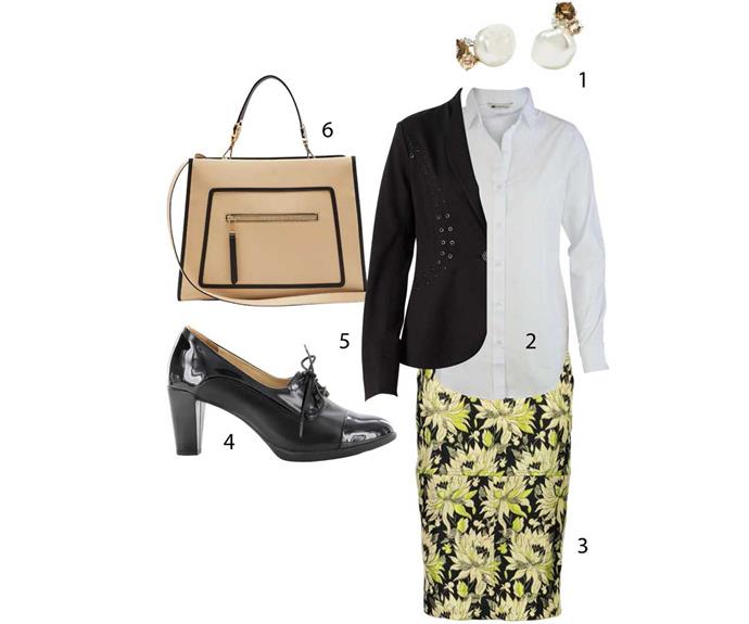 **Corporate**                                                                                                                                                                                                                       
1. Earrings, $1329, by Meadowlark. 2. Shirt, $125, by PJ Jeans from Simply Wonderful Clothes. 3. Skirt, $499, by World. 4. Booties, $260, by Ziera. 5. Jacket, $300, by Verge. 6. Bag, $2505, by Fendi.