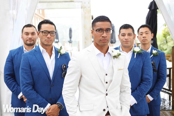 Pua with his groomsmen (from left) best man Fa'atonu, Flava co-star Sela, and longtime friends Effron Heather and Jeongmon Park.

"This is our boy-band pose!" says Pua.