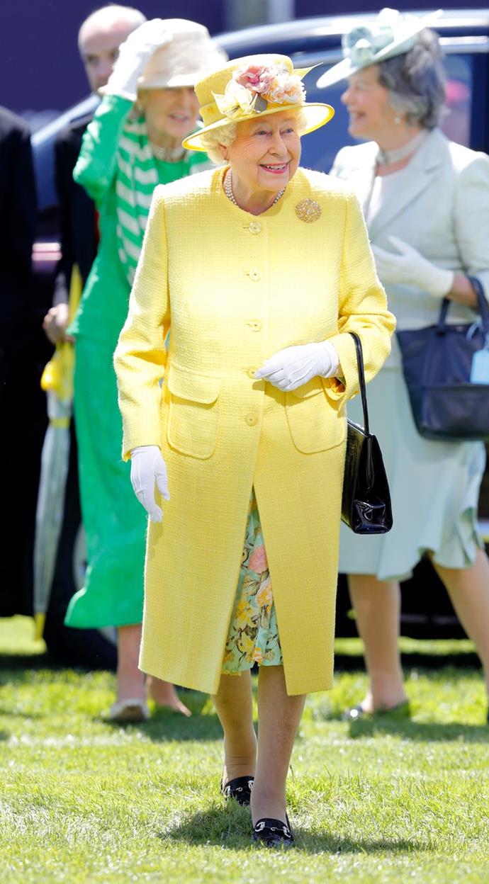 The monarch looked pretty in spring yellow at the 2017 Epsom Derby Festival.