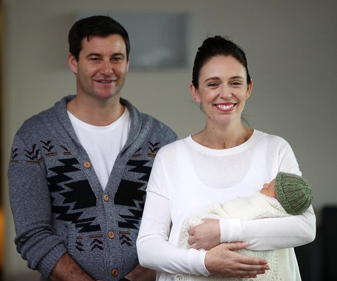 Jacinda Ardern and partner Clarke Gayford with little baby Neve the day they took her home from hospital.