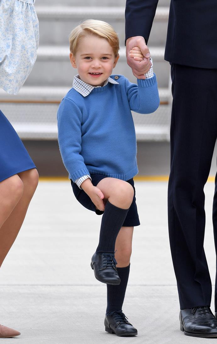 When the royals arrived in Canada for a royal tour, George fixed his sock up for the cameras!