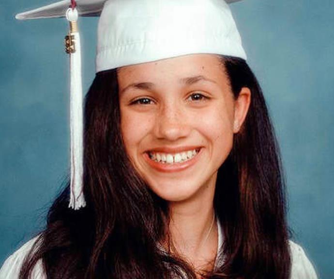 Meghan began straightening her hair when she was roughly 16-years-old. Here she is at her school graduation.