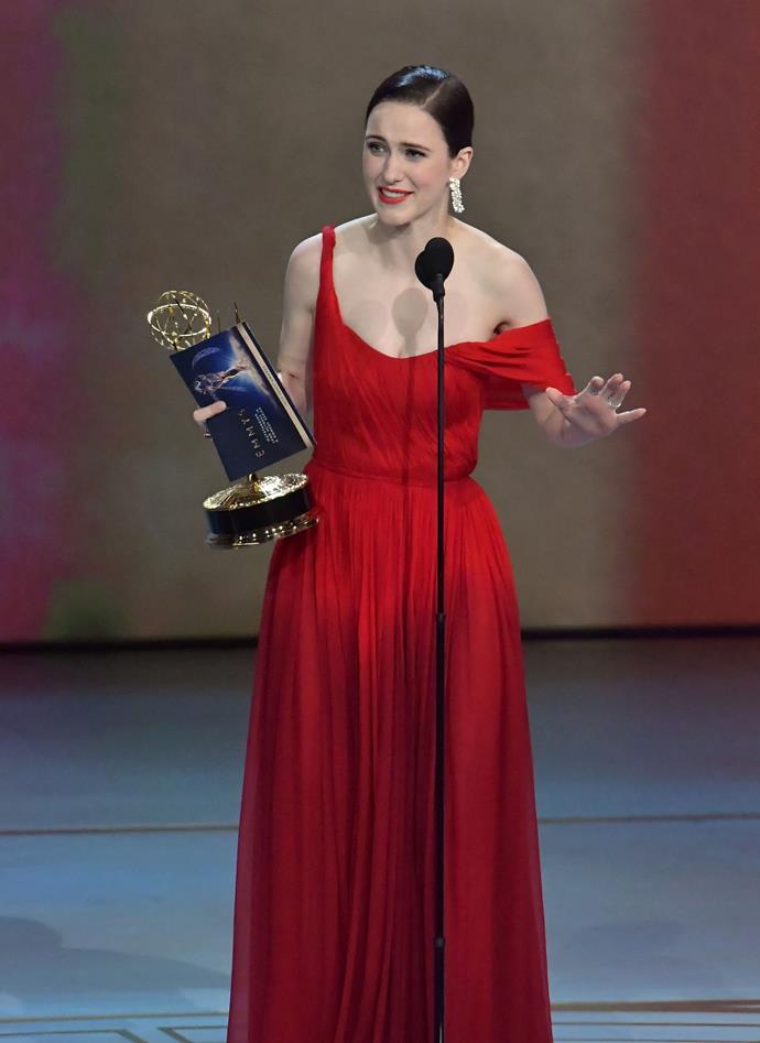 Rachel Brosnahan with her Emmy for best actress in a comedy, in *The Marvelous Mrs. Maisel*