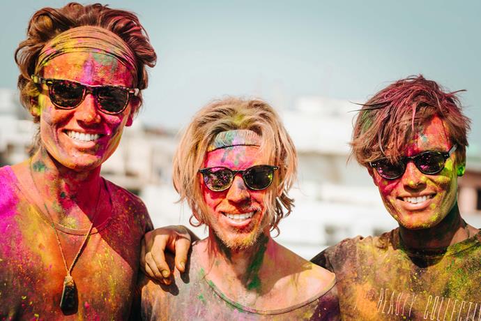 Arthur Gillies, Sean Wakely and Freddie Gillies (L-R) at the Holi festival in New Delhi, India.