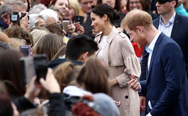 Duchess Meghan gets a blast from the past during a walkabout with Prince Harry at Auckland's Viaduct Harbour