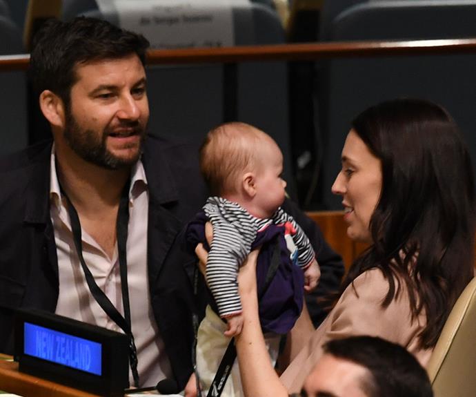 Jacinda Ardern and Clarke Gayford with baby Neve at the UN General Assembly in 2018.