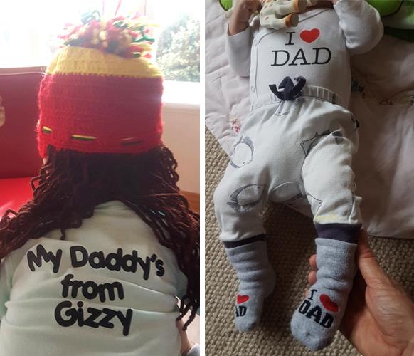 Neve in her knitted dreadlocks hat from St Lucia and in Dad-themed clothing favoured by her doting father.