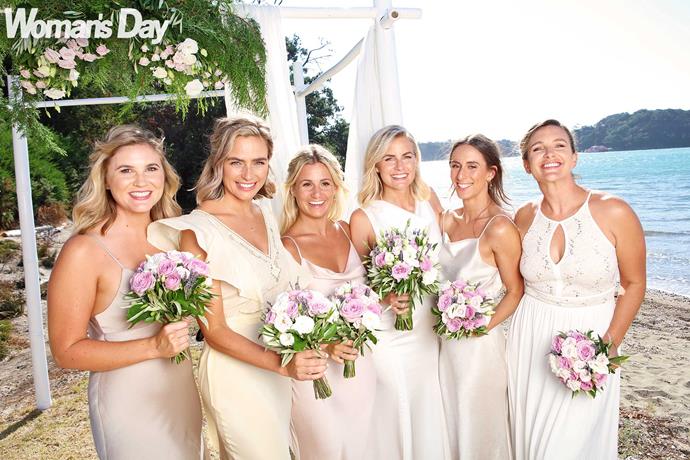 Matilda shares the limelight with her beautiful bridesmaids (from left) Steph Brown, Art's sister Emily, Georgie, Kelsey and her sister Chloe.