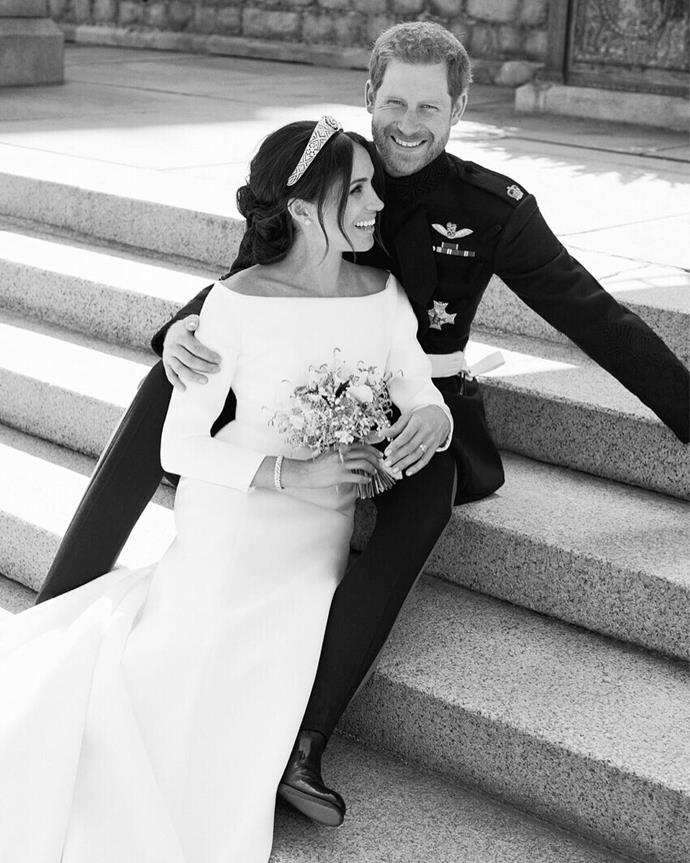 **The Duchess of Sussex, 19 May 2018**
<br><br>
Duchess Meghan married Prince Harry at St George's Chapel on May 19, 2018 wearing a beautiful gown designed by British designer Claire Waight Keller for French fashion house Givenchy.
<br><br>
The dress was made from double bonded silk cady featuring off the shoulder long sleeves.
<br><br>
As a special touch, Meghan had requested to have all [53 countries of the Commonwealth](https://www.royal.uk/wedding-dresses?ch=18#bio-section-17|target="_blank"|rel="nofollow") with her on her journey through the ceremony, so the veil was embroidered with flowers from all the countries of the Commonwealth.
<br><br>
Queen Mary's diamond bandeau tiara held the veil in place, which was lent to her by the Queen.